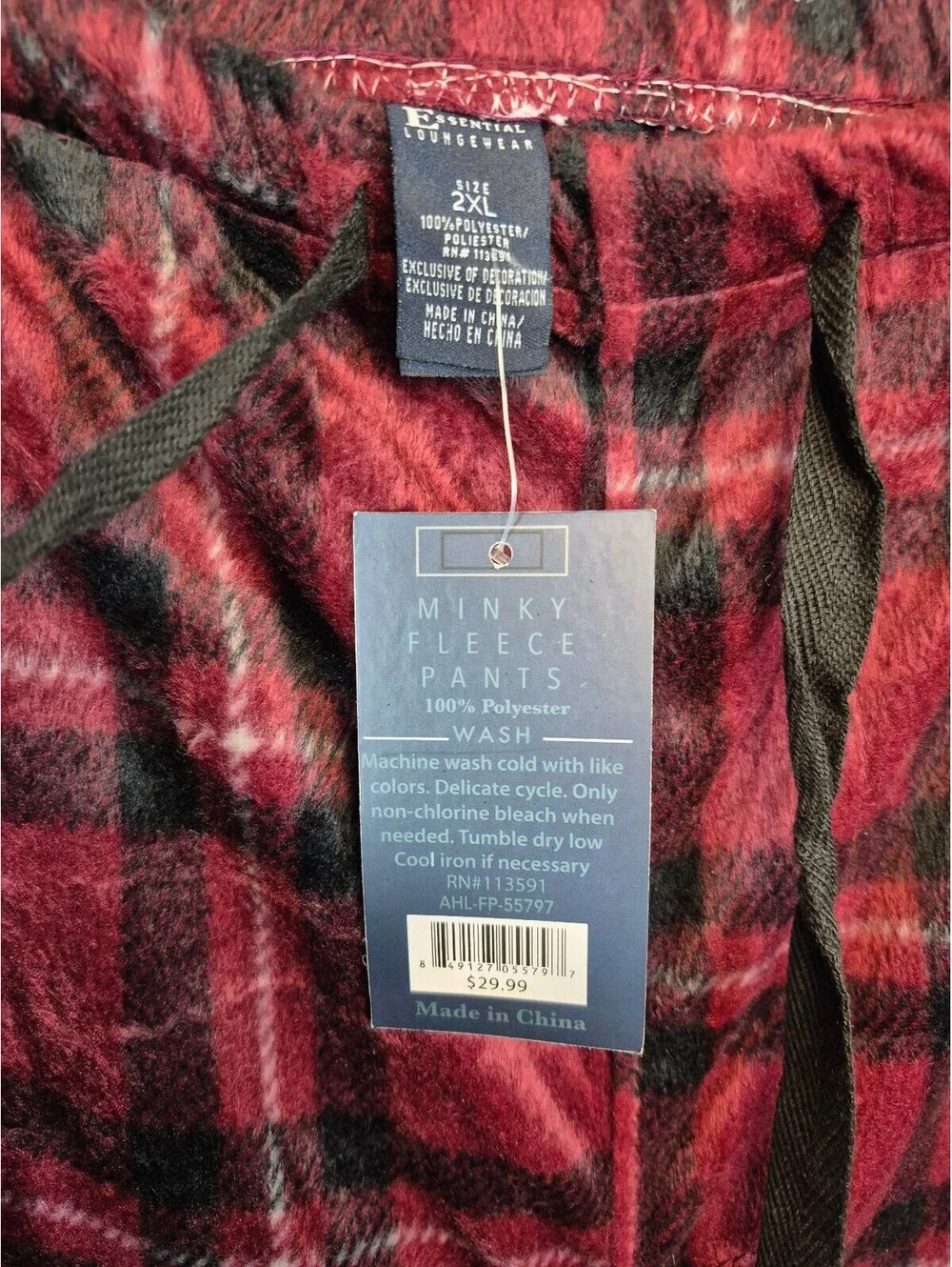 Essential Loungewear Men’s Red Black Plaid Minky Fleece Pajama Pants 2XL NWT